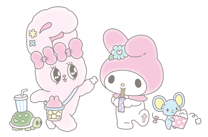 遊園地でアイスクリームを楽しむリボンバニーとマイメロディ