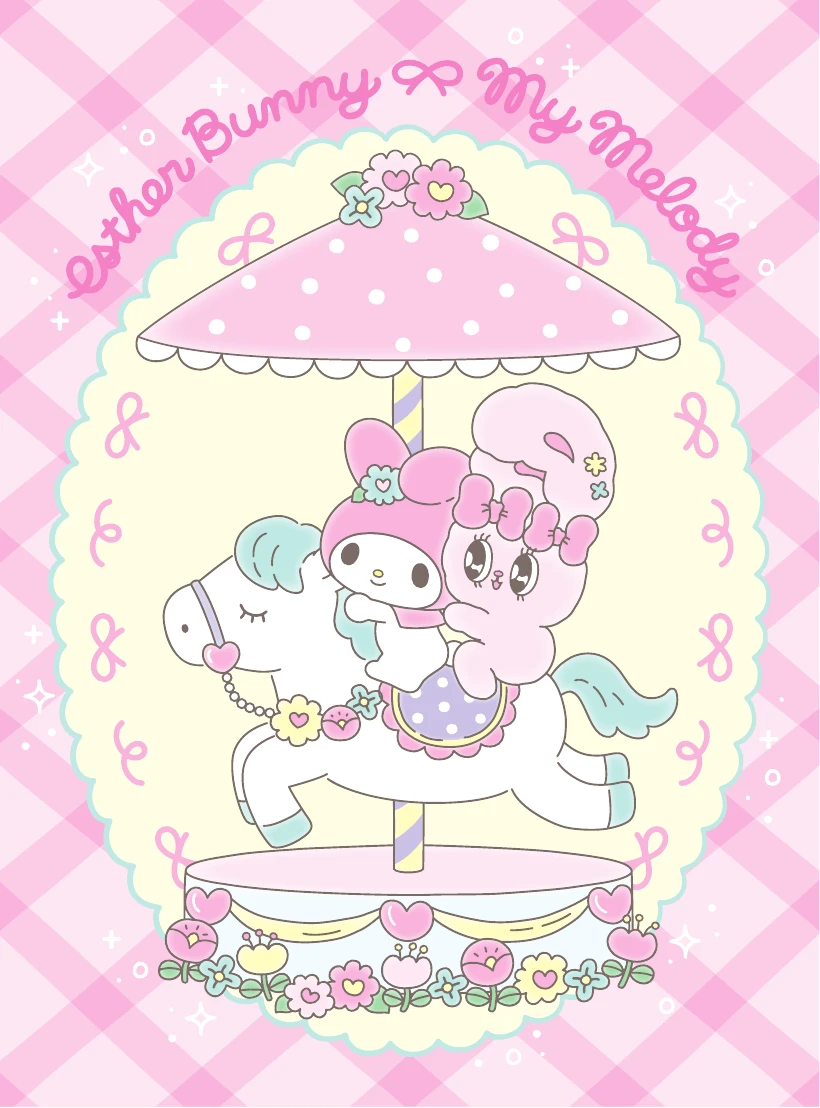 花とリボンに囲まれたメリーゴーラウンドで遊ぶリボンバニーとマイメロディ。