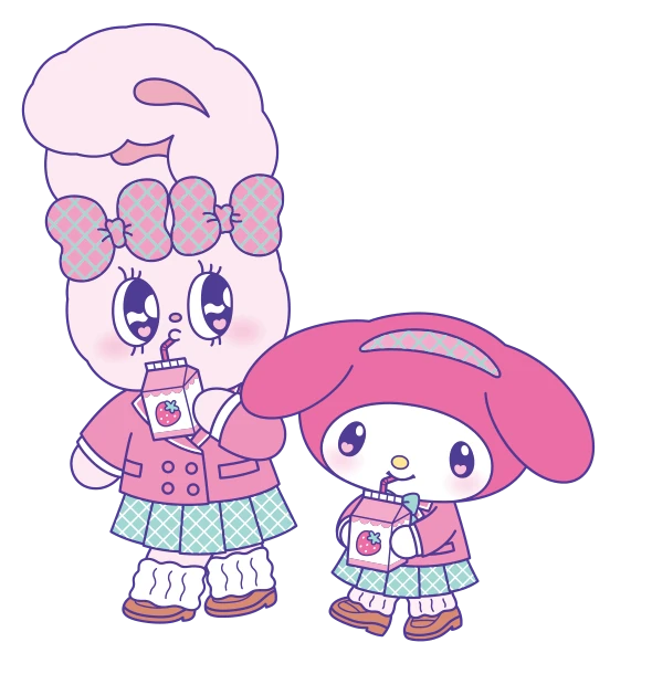 おそろいのドリンクを持つリボンバニーとマイメロディ