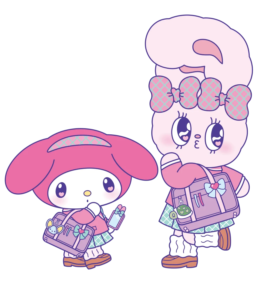 制服とおそろいのバッグを身につけたマイメロディとリボンバニー
